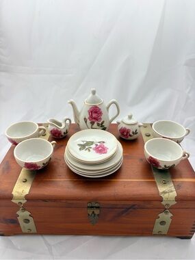 Floral Porcelain Tea Set with Rose Pattern - White and Pink, Box Not Included